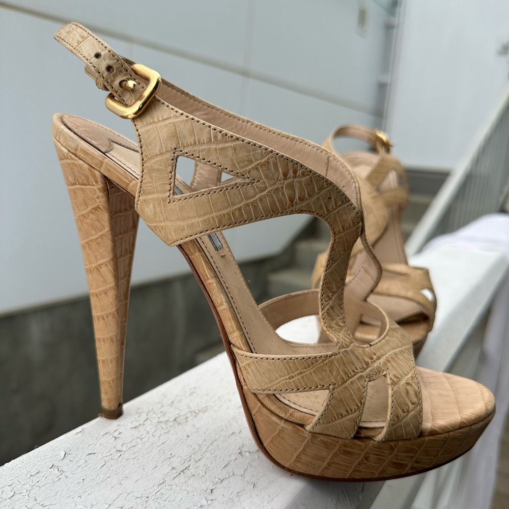 PRADA Alligator Look Nude Strappy Heels